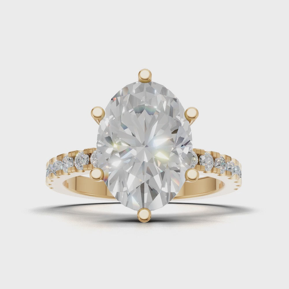 Pioggia, 3ct oval lab grown diamond engagement ring, 1.8mm Pave, 6 Prongs, 18K yellow gold - turning