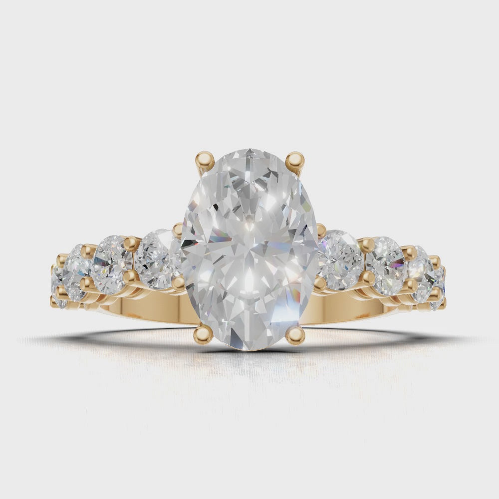 Fiume, 1.5ct oval lab grown diamond engagement ring, 3mm Side Stones, 18K yellow gold - turning