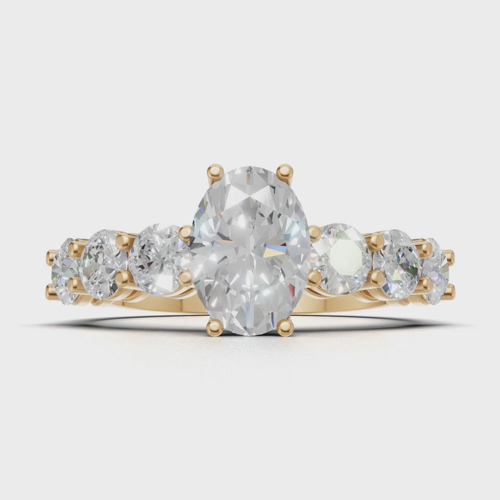 Delta, 1ct oval lab grown diamond engagement ring, 3.5mm Side Stones, 18K yellow gold - turning