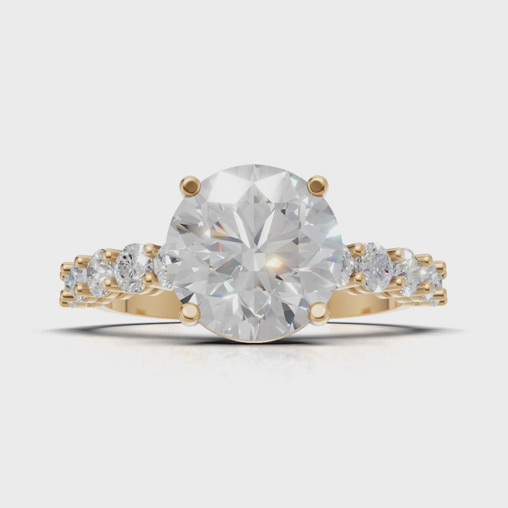 Sentiero, 2ct round lab grown diamond engagement ring, 2.5mm Side Stones, 18K yellow gold - turning
