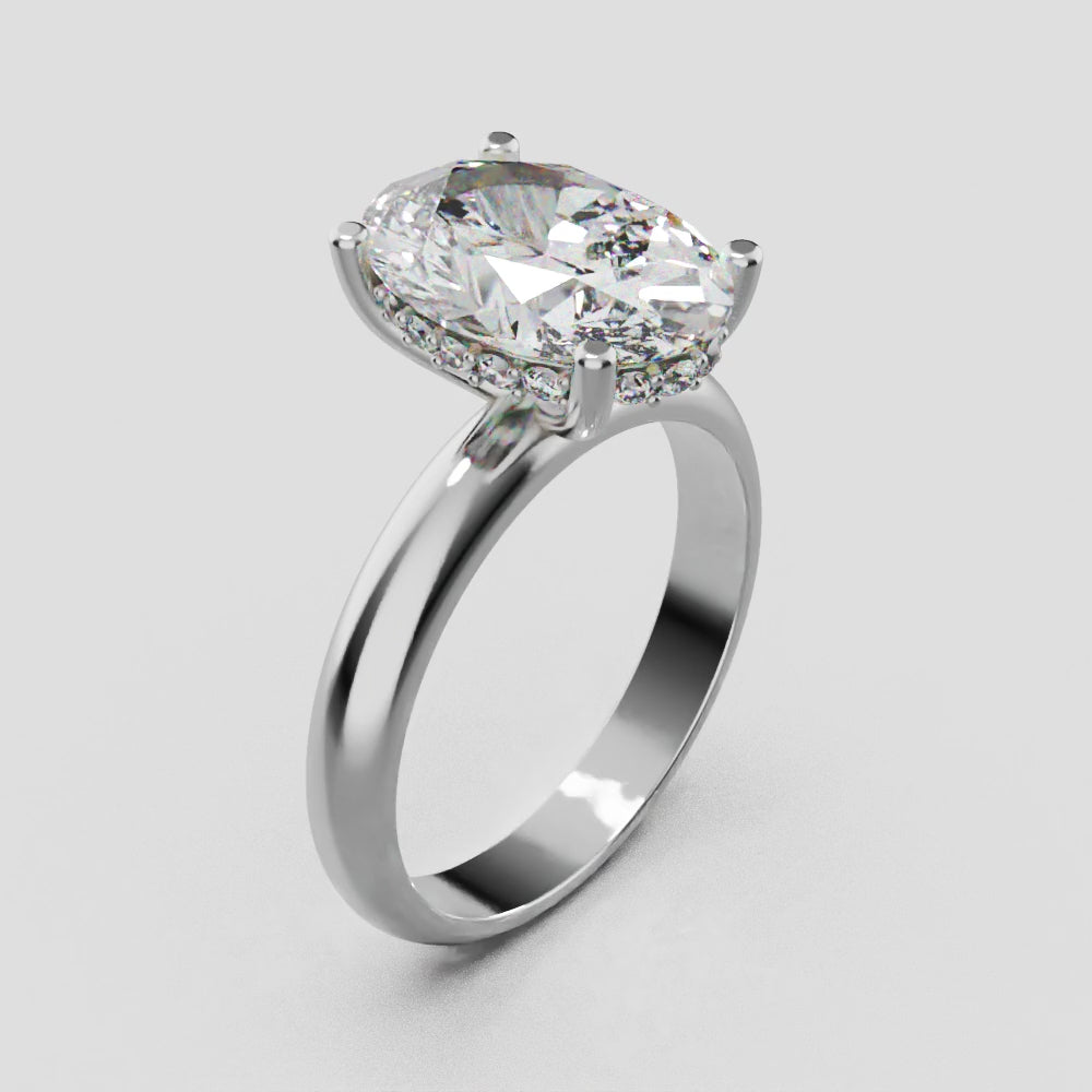 Riserbo, 3ct oval lab grown diamond engagement ring, Plain Sides, Hidden Halo, 18K white gold - turning
