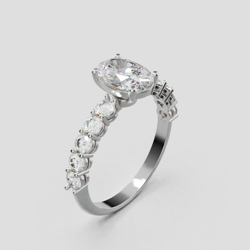 Rivo, 1ct oval lab grown diamond engagement ring, 2.5mm Side Stones, 18K white gold - turning