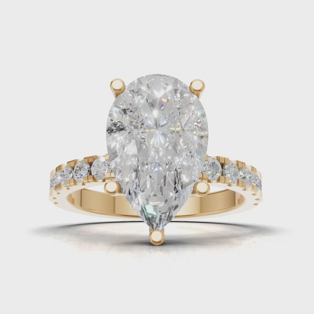 Corrente, 3ct pear lab grown diamond engagement ring, 2.0mm Pave, 5 Prongs, 18K yellow gold - turning