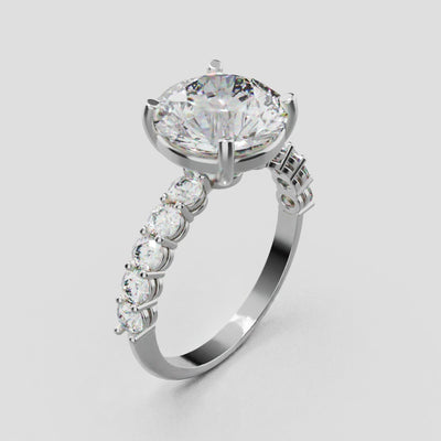 Sentiero, 3ct round lab grown diamond engagement ring, 2.5mm Side Stones, 18K white gold - turning