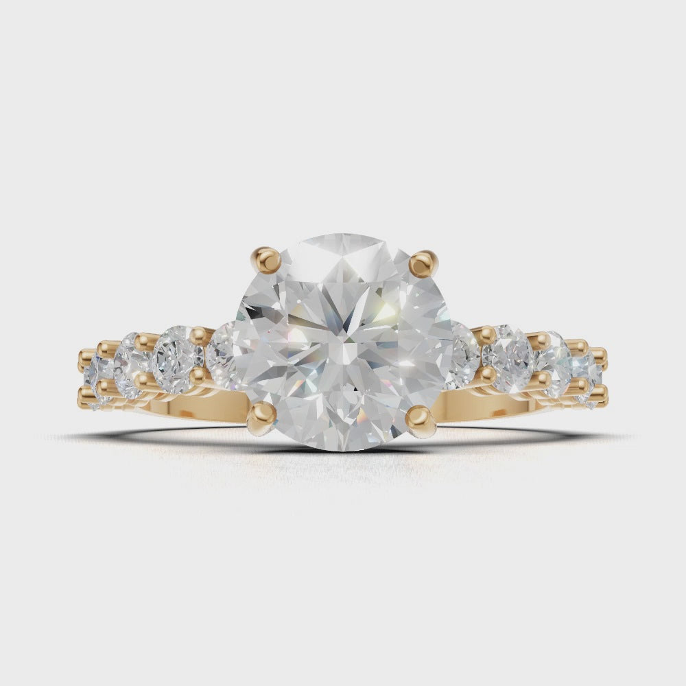 Sentiero, 1.5ct round lab grown diamond engagement ring, 2.5mm Side Stones, 18K yellow gold - turning