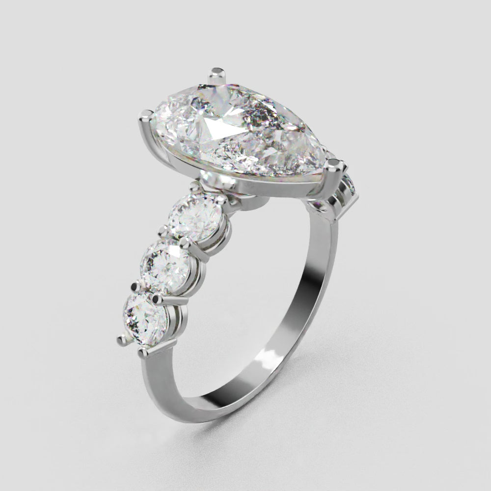 Cascata, 3ct pear lab grown diamond engagement ring, 3.5mm Side Stones, 18K white gold - turning