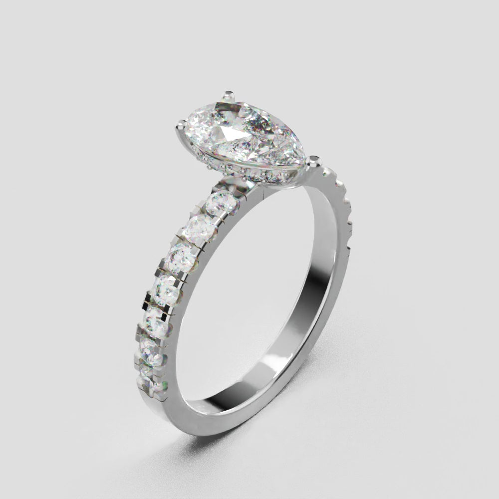 Alcova, 1ct pear lab grown diamond engagement ring, 2.0mm Pave, Hidden Halo, 18K white gold - turning