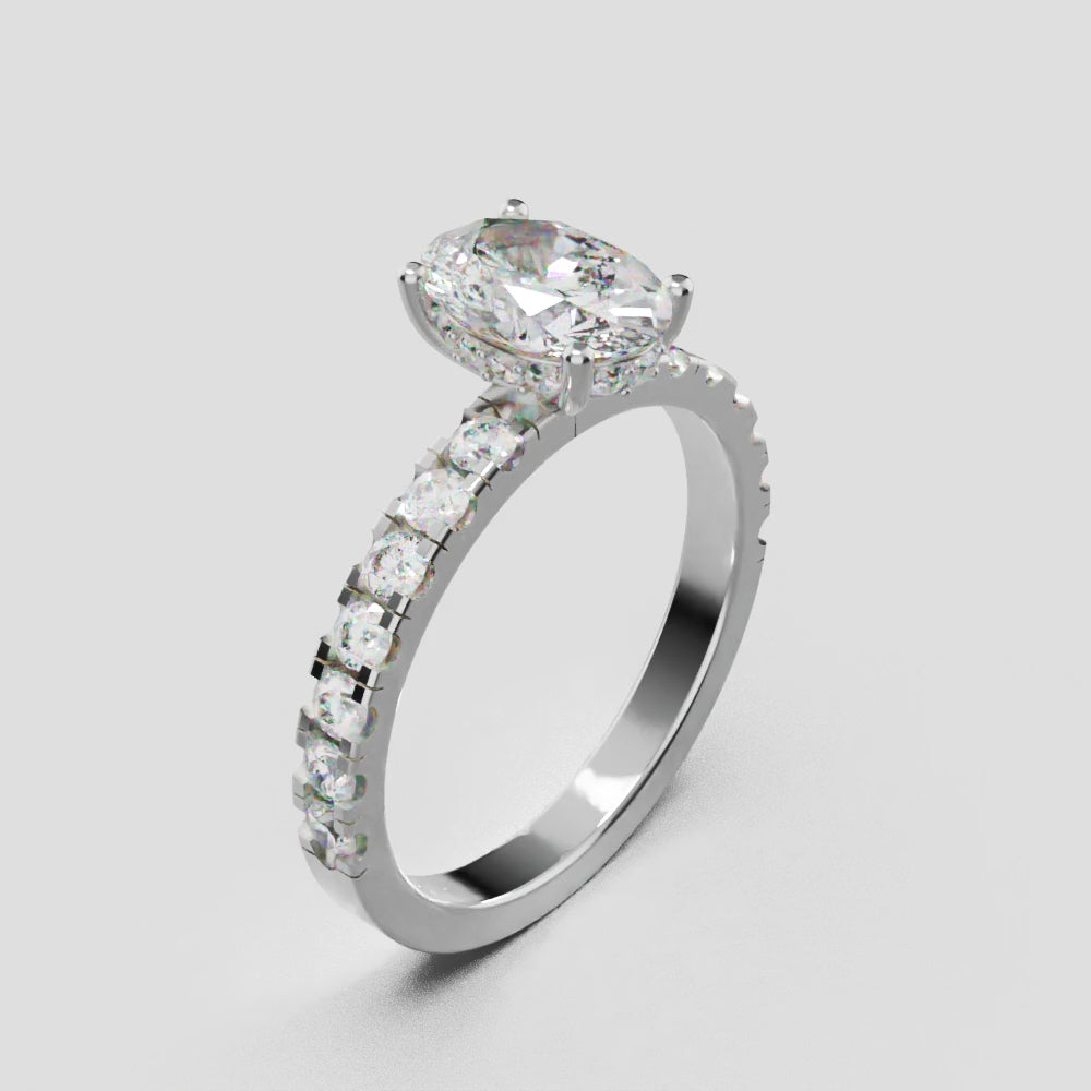 Penombra, 1ct oval lab grown diamond engagement ring, 2.0mm Pave, Hidden Halo, 18K white gold - turning
