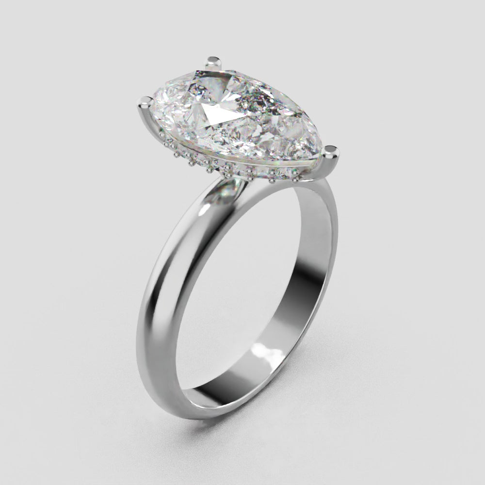Riparo, 3ct pear lab grown diamond engagement ring, Plain Sides, Hidden Halo, 18K white gold - turning