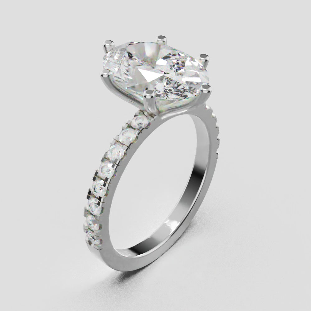 Pioggia, 3ct oval lab grown diamond engagement ring, 1.8mm Pave, 6 Prongs, 18K white gold - turning