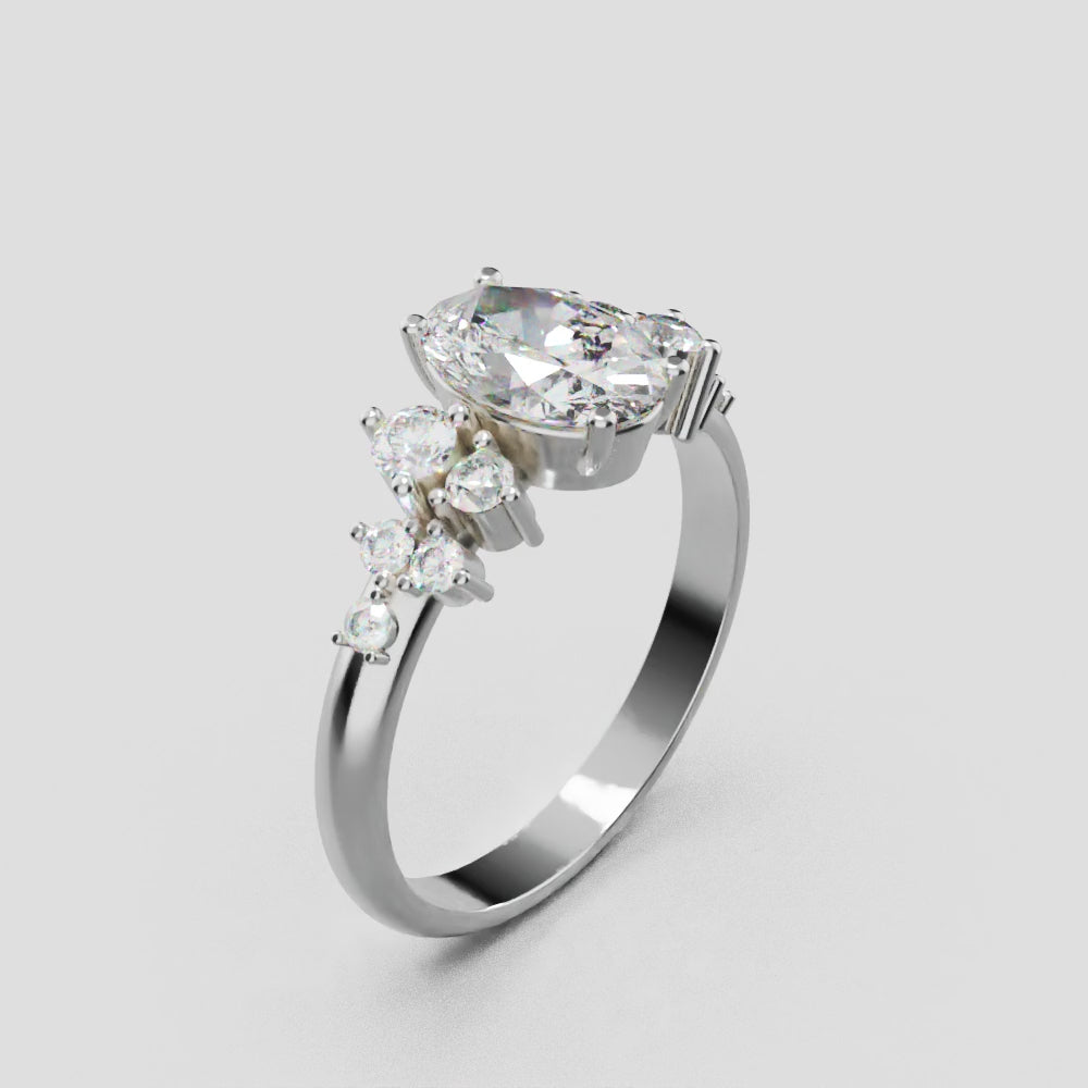 Sciame, 1ct oval lab grown diamond engagement ring, Cluster, 18K white gold - turning