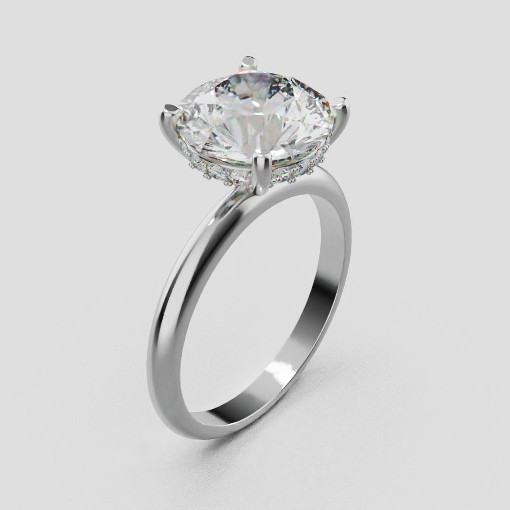 Costante, 3ct round lab grown diamond engagement ring, Plain Sides, Hidden Halo, 4 Prongs, Fixed Width, 18K white gold - turning