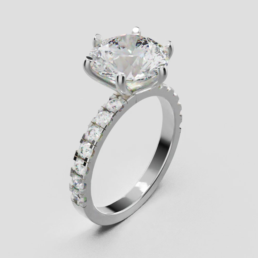 Selciato, 3ct round lab grown diamond engagement ring, 2.0mm Pave, 6 Prongs, 18K white gold - turning