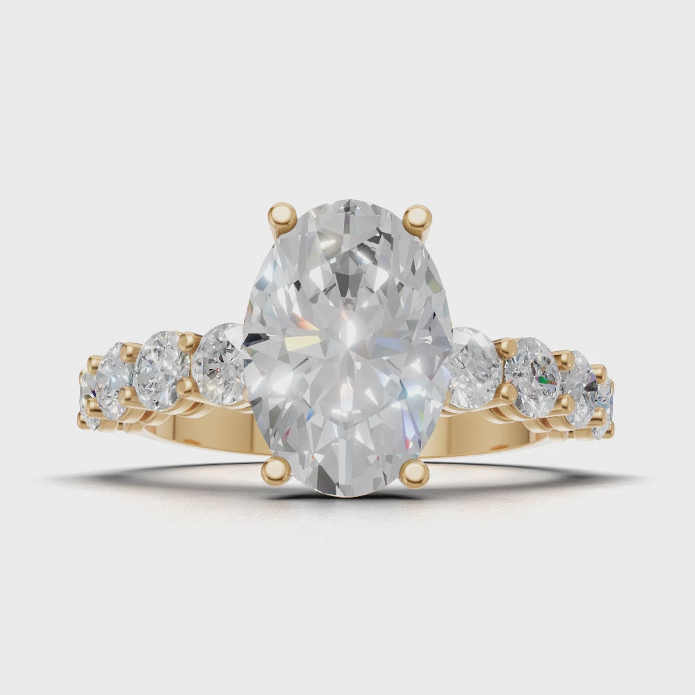 Fiume, 2ct oval lab grown diamond engagement ring, 3mm Side Stones, 18K yellow gold - turning