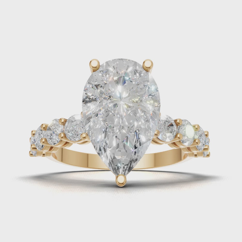 Lacrima, 3ct pear lab grown diamond engagement ring, 3mm Side Stones, 18K yellow gold - turning
