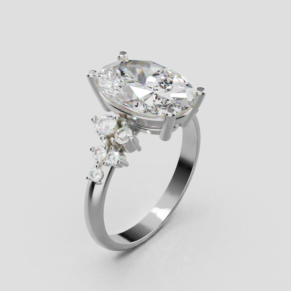 Sciame, 3ct oval lab grown diamond engagement ring, Cluster, 18K white gold - turning